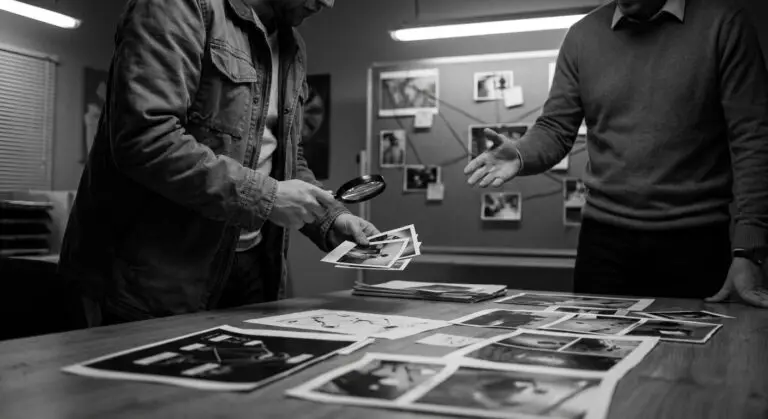 Debate board with evidence photos