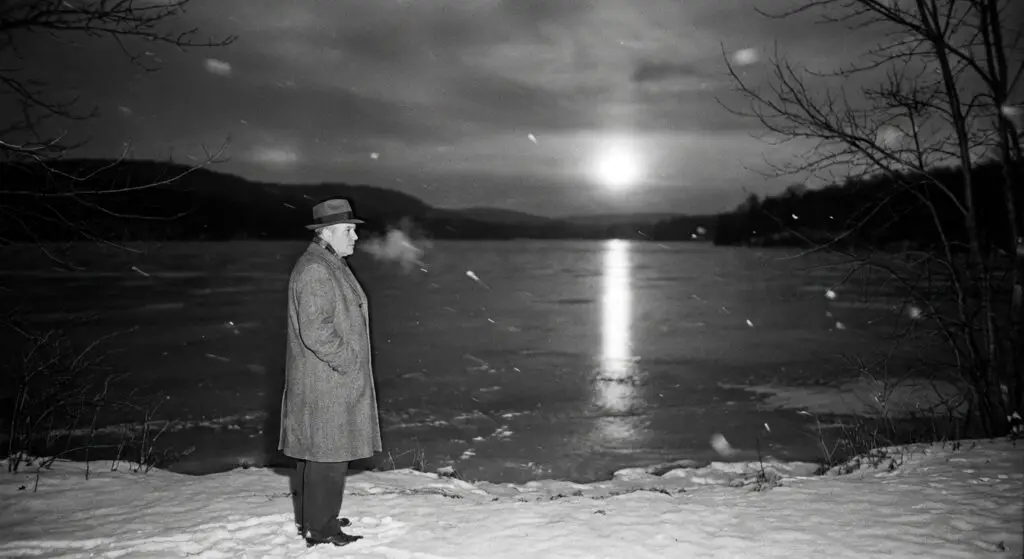 Mayor at frozen reservoir, beam on ice