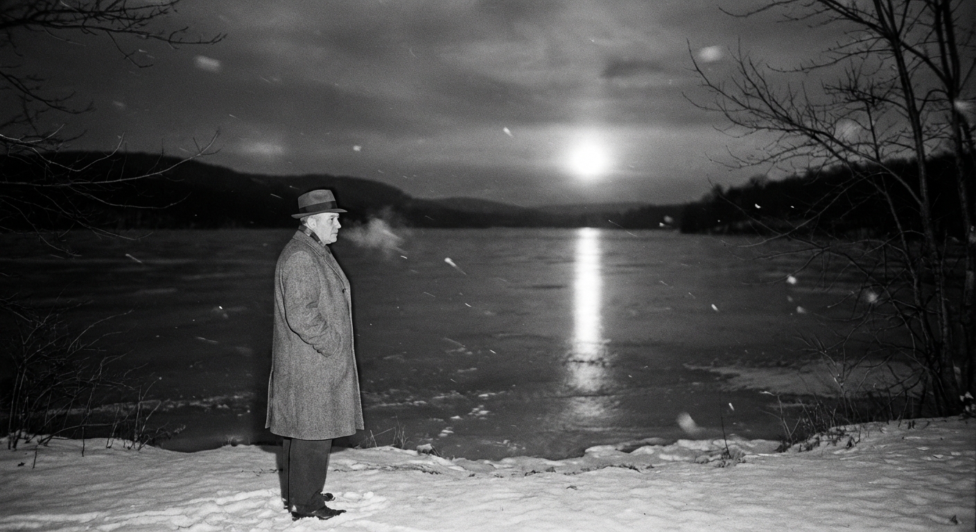 Mayor at frozen reservoir, beam on ice