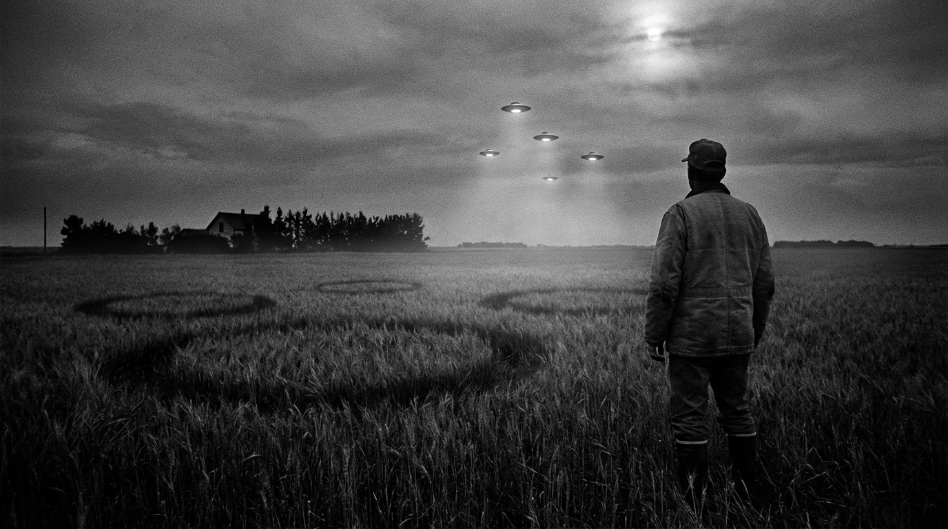 Farmer watching five UFOs over field