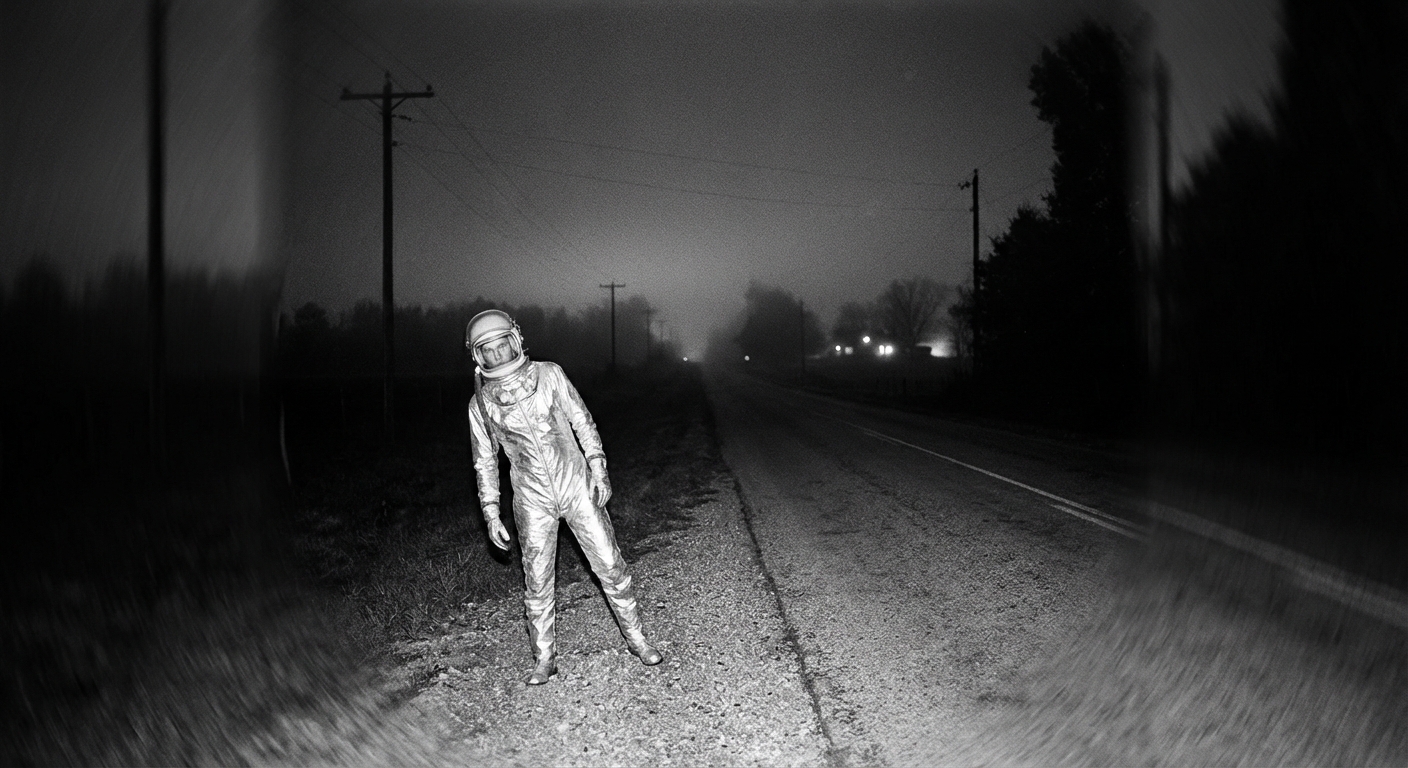 Silvery Humanoid on Rural Road, 1973