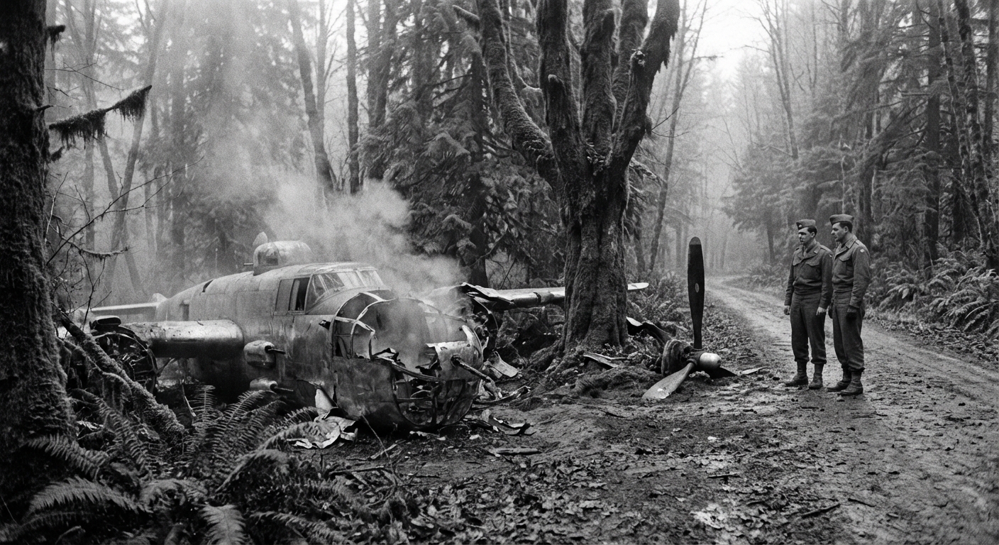 B-25 crash wreckage in forest