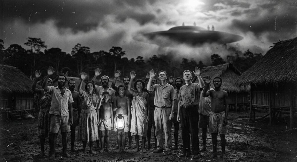 Missionary and witnesses wave at distant craft