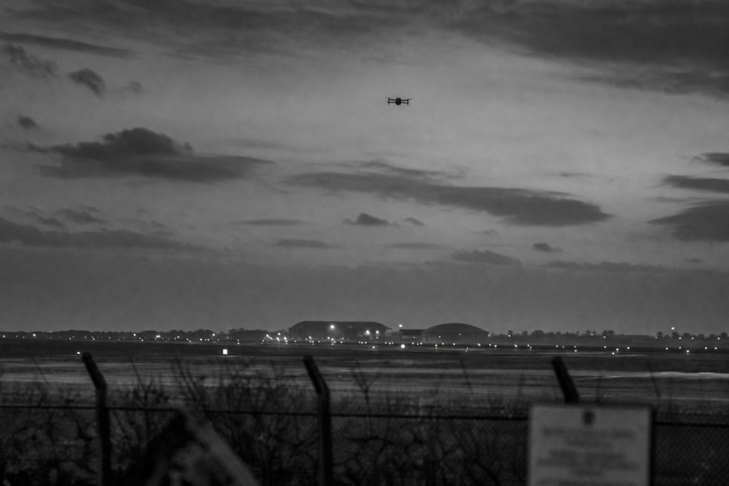 Drone Near RAF Airfield at Dusk