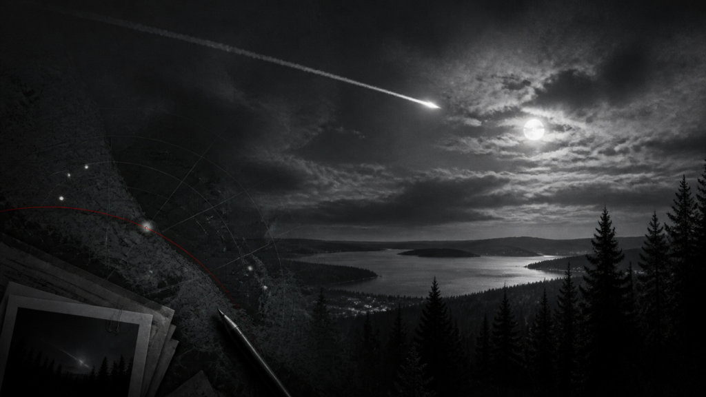 Editorial illustration of a luminous ghost rocket crossing the night sky above a Scandinavian lake