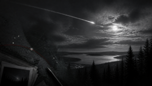 Editorial illustration of a luminous ghost rocket crossing the night sky above a Scandinavian lake