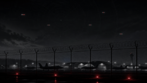 Editorial illustration of small drone lights above the perimeter of a military airfield