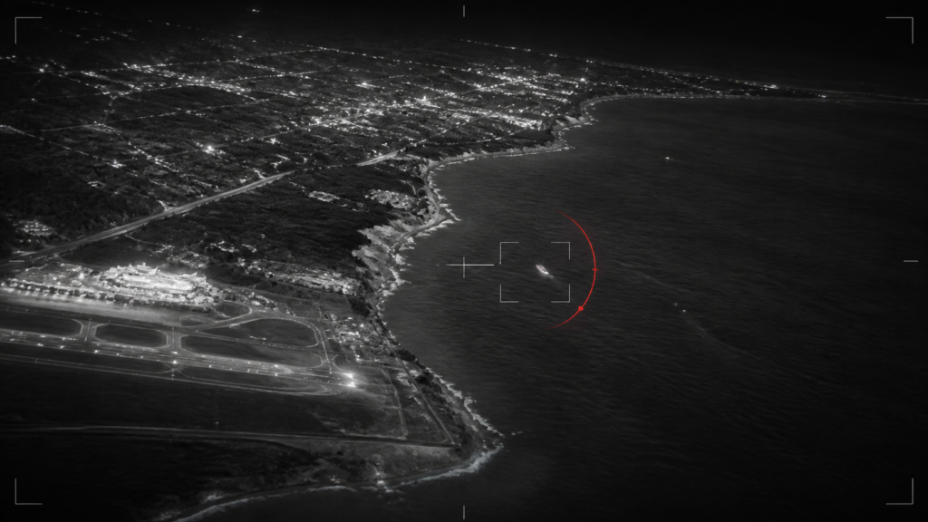 Editorial infrared-style illustration of an object tracked near the Aguadilla coastline