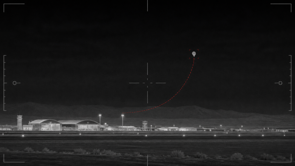 Editorial thermal-sensor illustration of a balloon-like object above Al Taqaddum airbase