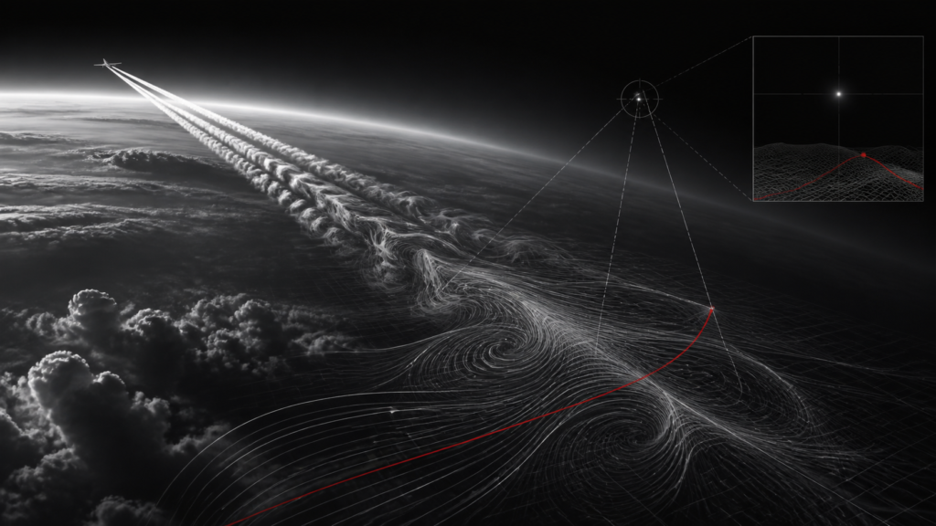 Editorial scientific illustration of an aircraft wake and atmospheric sensor analysis