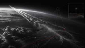 Editorial scientific illustration of an aircraft wake and atmospheric sensor analysis