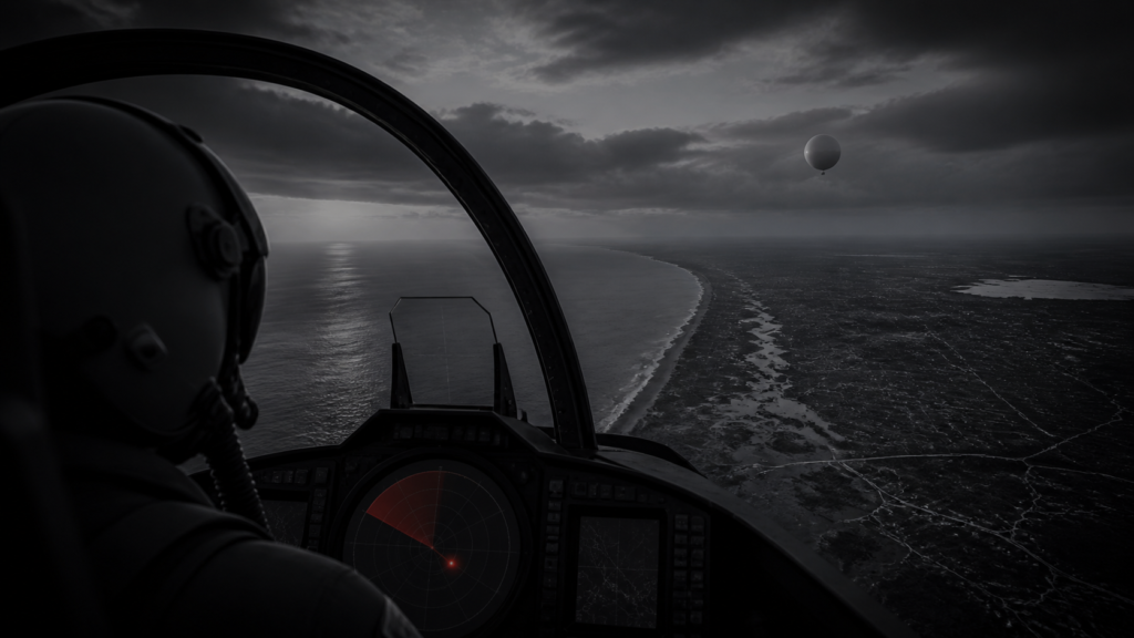 Editorial illustration from a military cockpit showing a balloon-like object above the Florida coast
