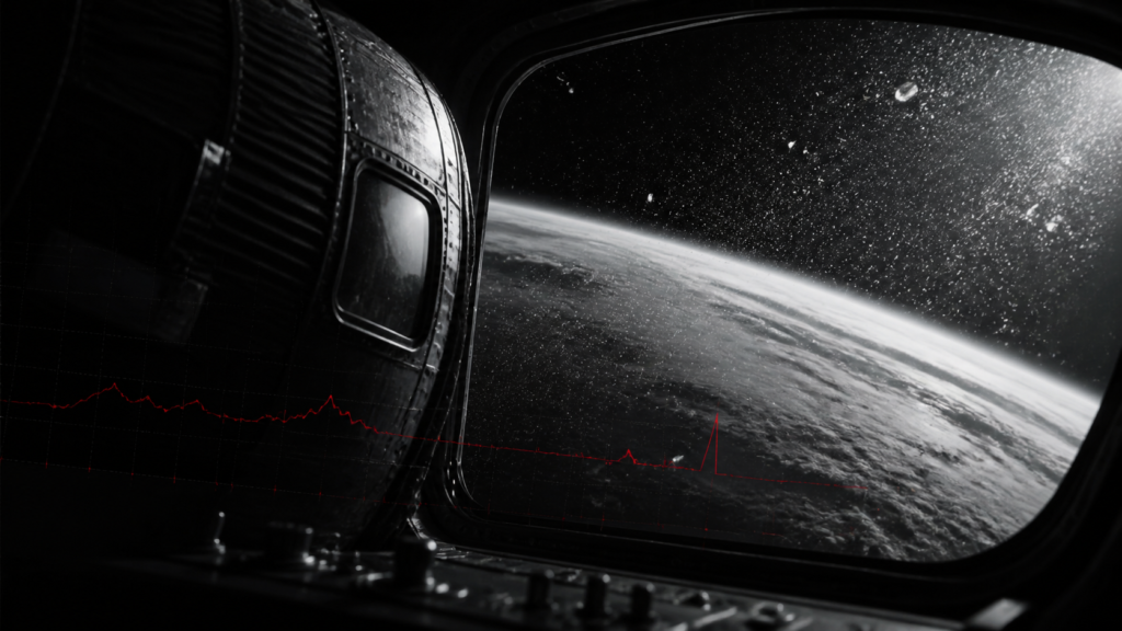 Editorial illustration of the Faith 7 capsule with ice particles visible above Earth