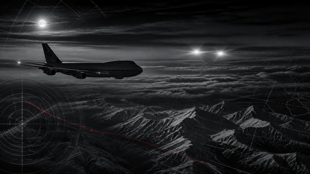 Editorial illustration of a cargo airliner and distant lights over Alaska at night