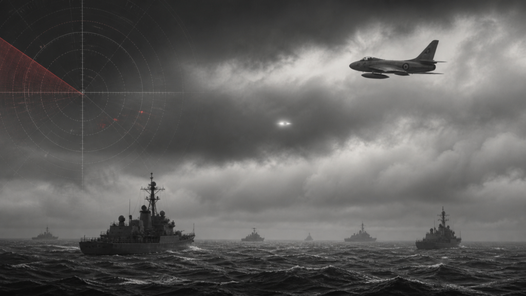 Editorial illustration of a 1952 jet and an ambiguous light above a North Sea naval exercise