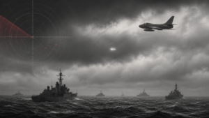 Editorial illustration of a 1952 jet and an ambiguous light above a North Sea naval exercise