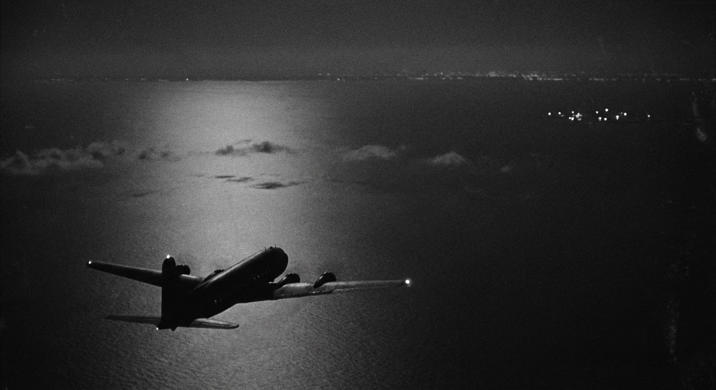 1952 airliner over bay, distant lights